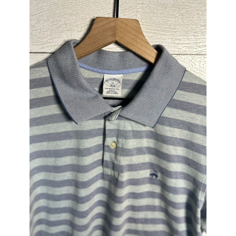 Brooks Brothers Mens XL Slim Fit Performance Polo Shirt Blue Grey Striped Preppy